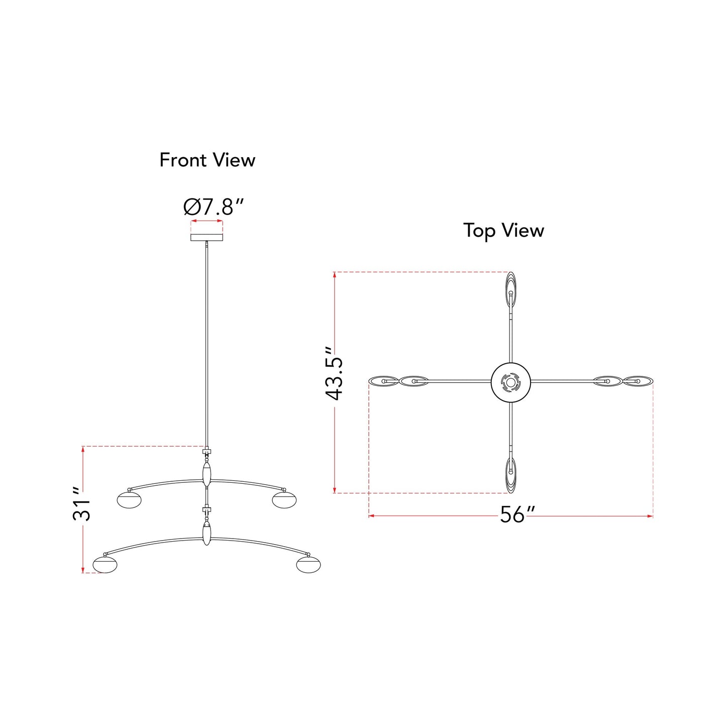 Athena Teardrop LED Chandelier - line drawing.