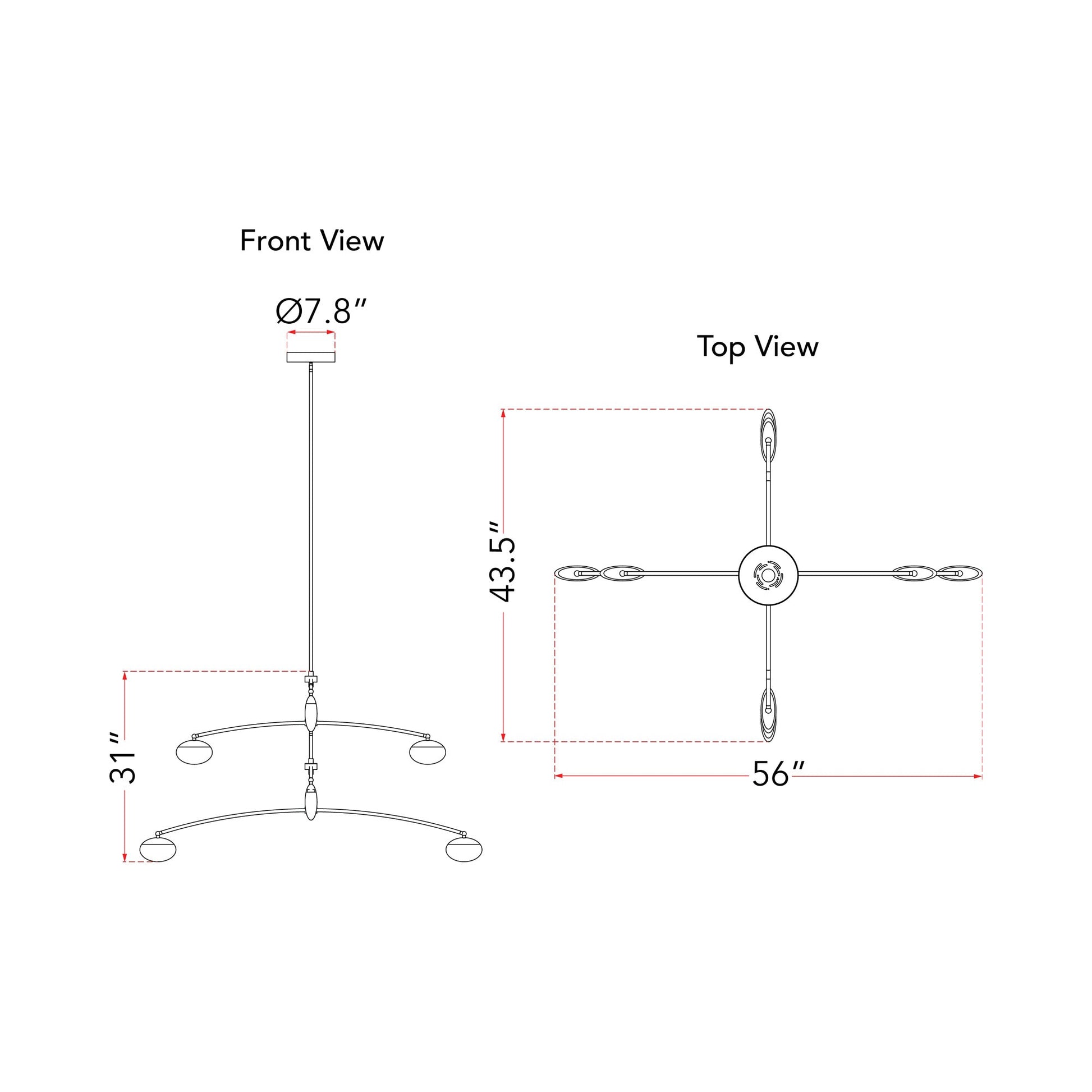 Athena Teardrop LED Chandelier - line drawing.