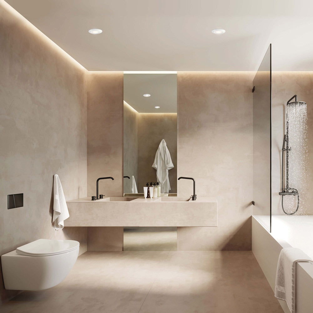 Button Outdoor LED Flush Mount Ceiling Light in bathroom.