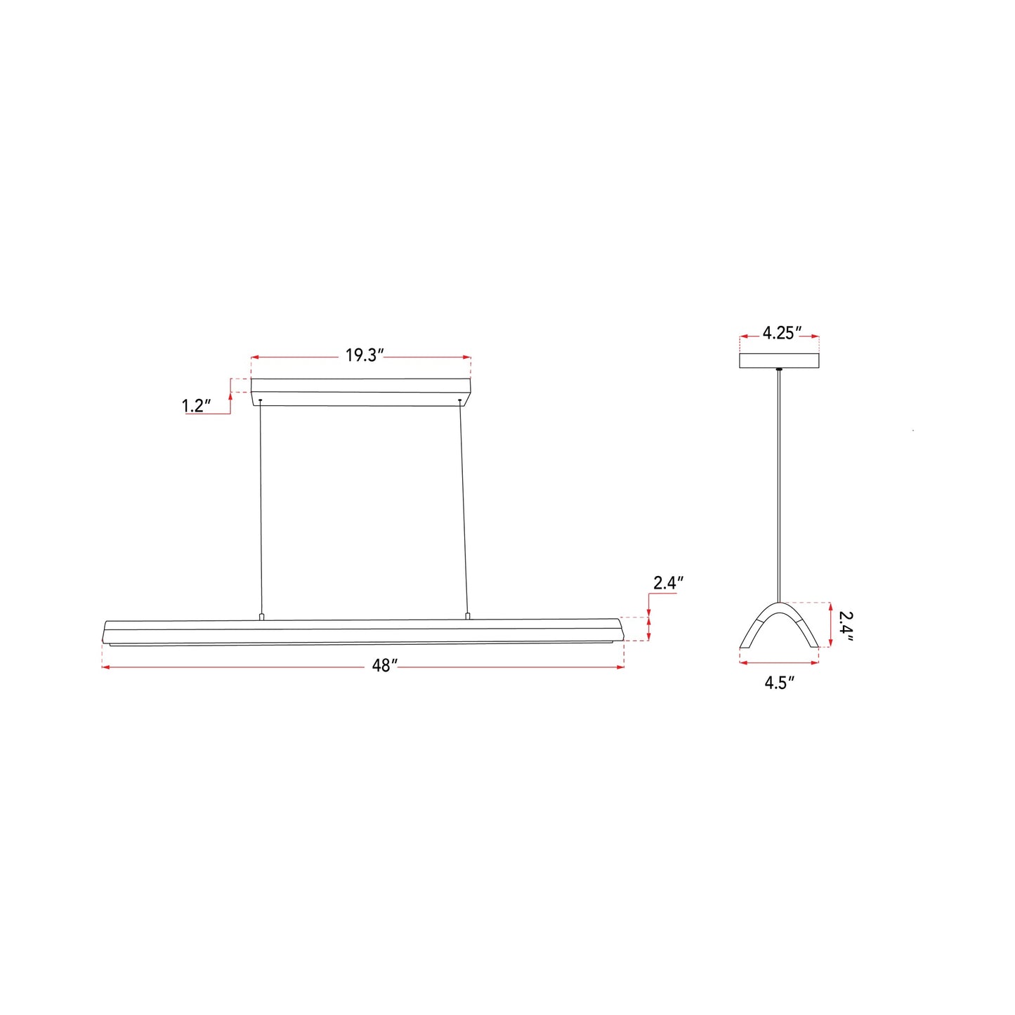 Eros Linear LED Pendant Light - line drawing.