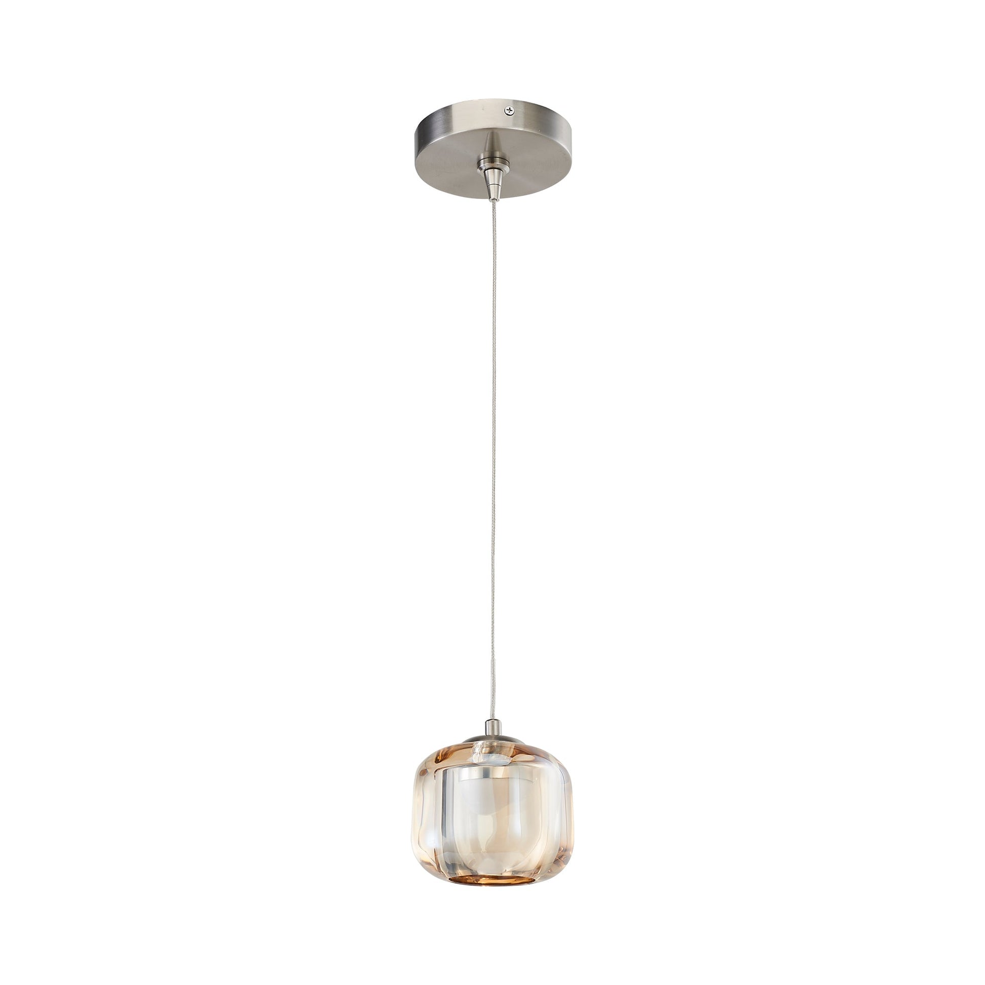Geo LED Pendant Light in Brushed Nickel/Amber Glass.