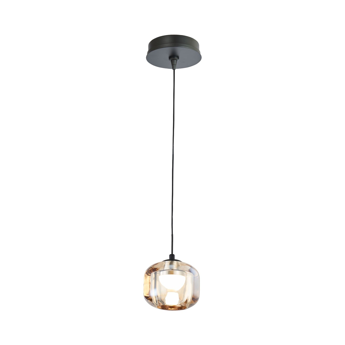 Geo LED Pendant Light in Matte Black/Amber Glass.