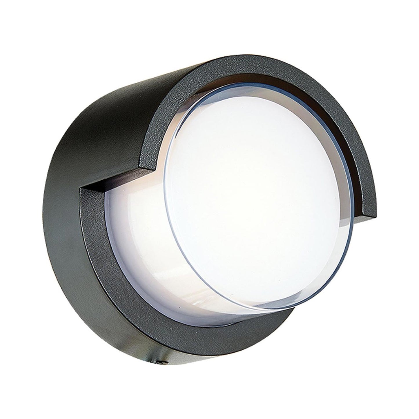 Geo Round Hooded Outdoor LED Wall Light in Matte Black.