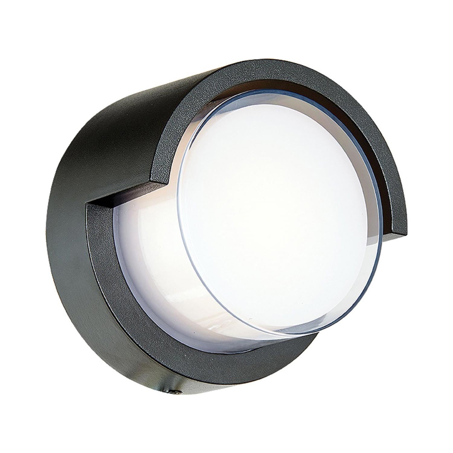 Geo Round Hooded Outdoor LED Wall Light in Matte Black.