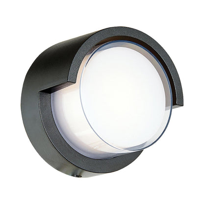 Geo Round Hooded Outdoor LED Wall Light in Matte Black.