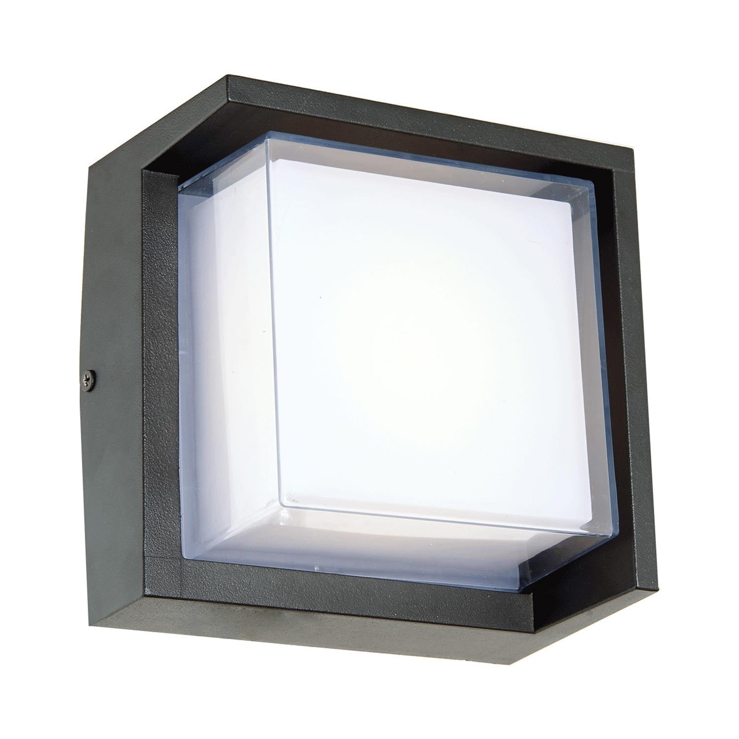 Geo Square Hooded Outdoor LED Wall Light in Matte Black.