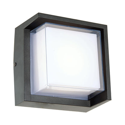 Geo Square Hooded Outdoor LED Wall Light in Matte Black.