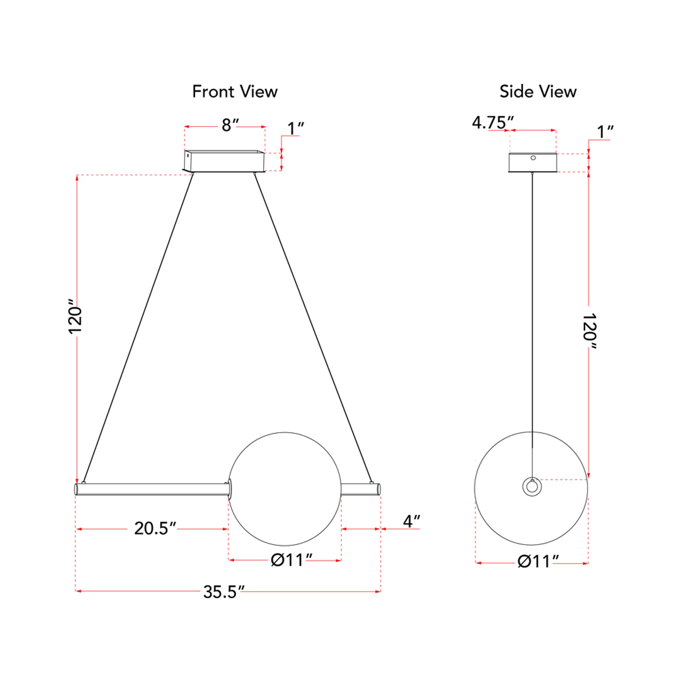 Orb Rectangle Linear LED Pendant Light - line drawing.
