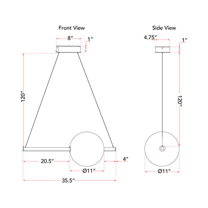 Orb Rectangle Linear LED Pendant Light - line drawing.