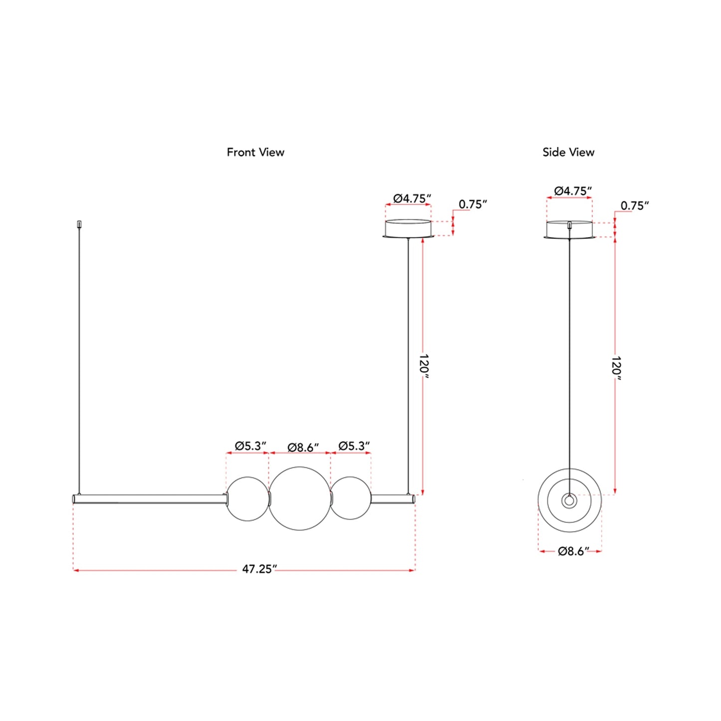 Orb Round Linear LED Pendant Light - line drawing.