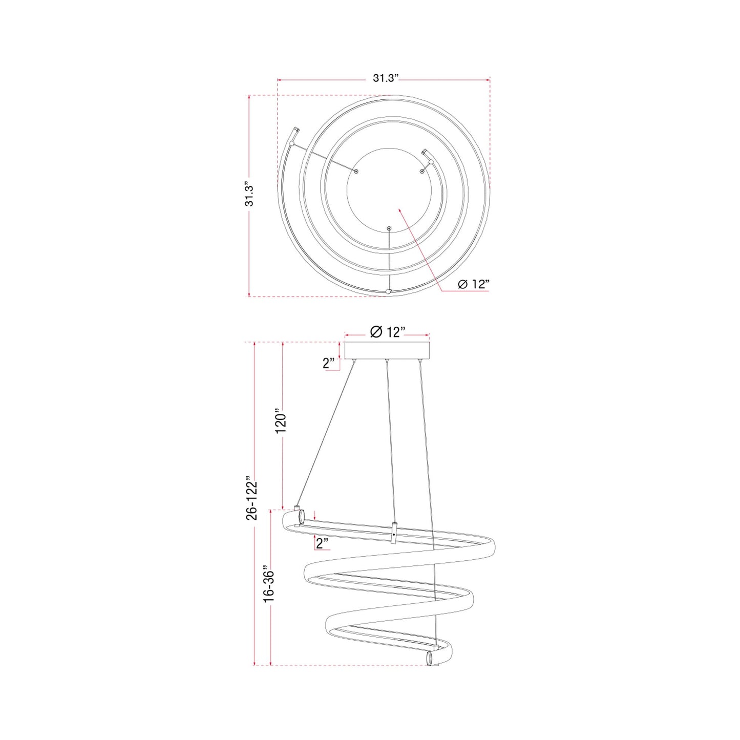 Sling Oval LED Pendant Light - line drawing.