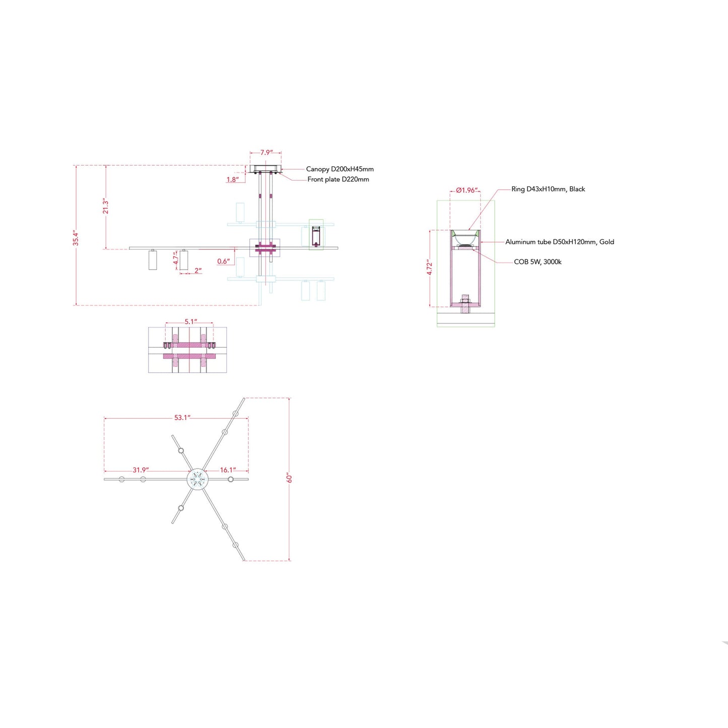 Spartan LED Pendant Light - line drawing.