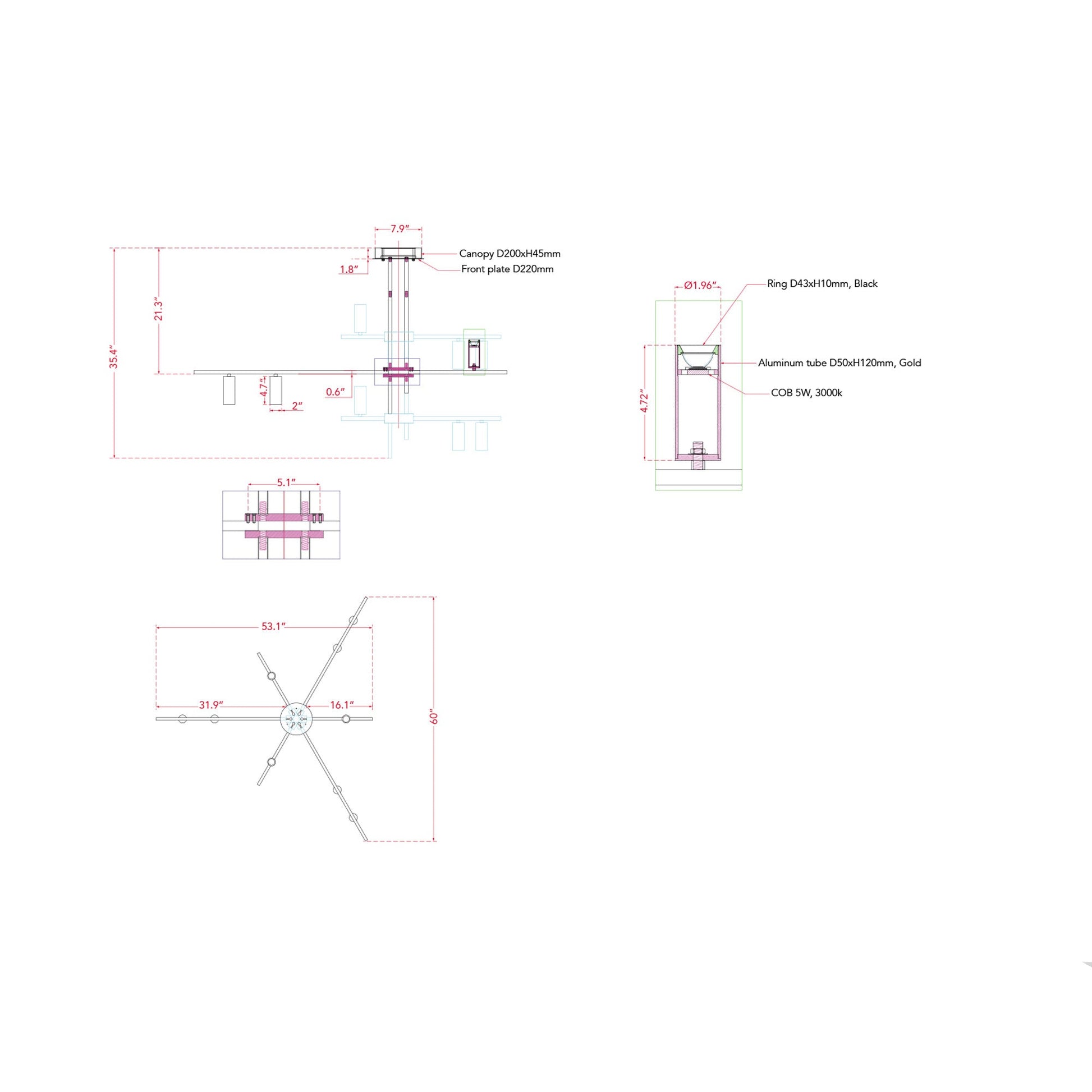 Spartan LED Pendant Light - line drawing.