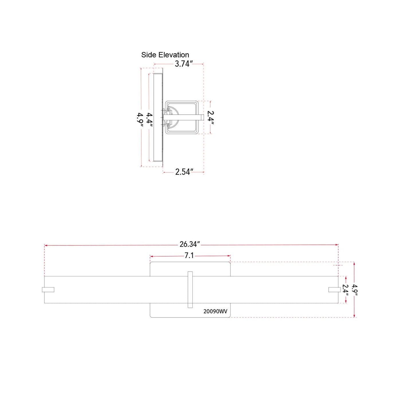 Squire Square LED Bath Vanity Light - line drawing.