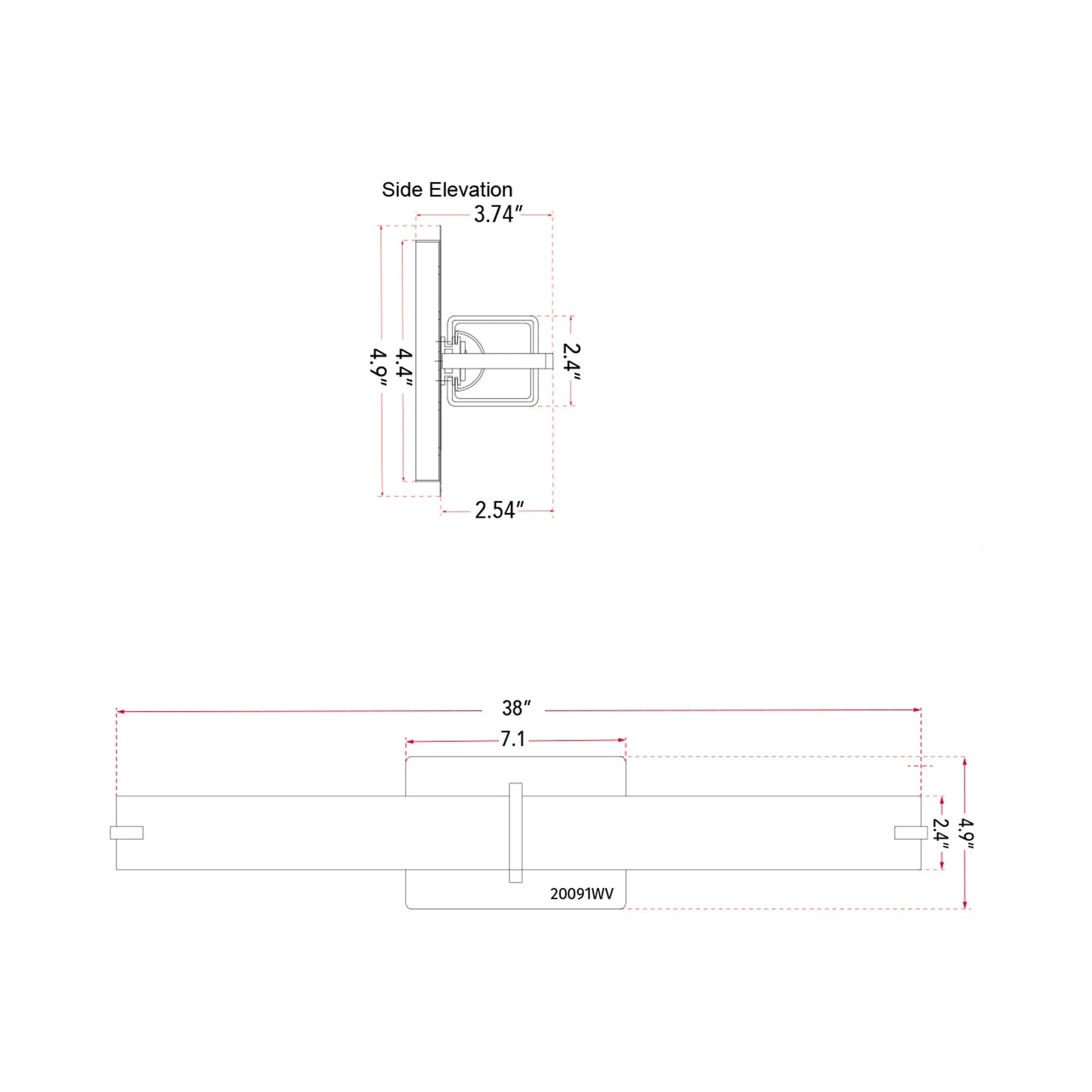 Squire Square LED Bath Vanity Light - line drawing.