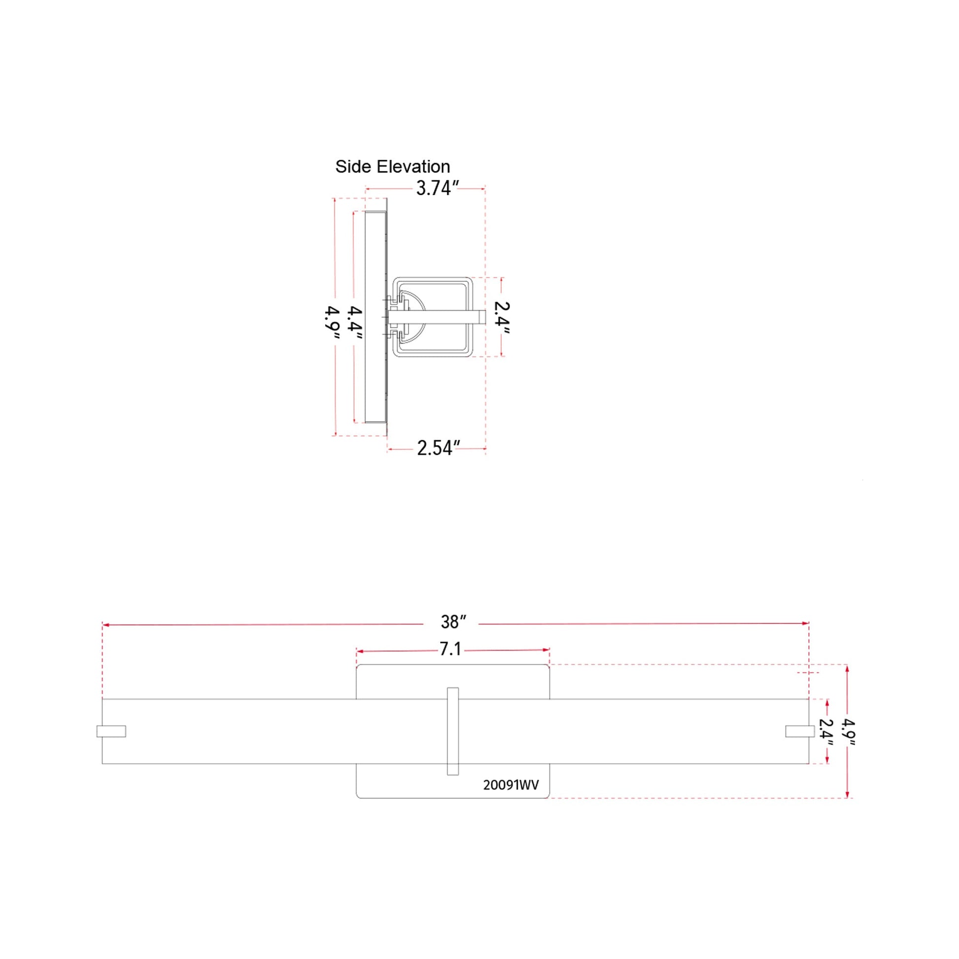 Squire Square LED Bath Vanity Light - line drawing.