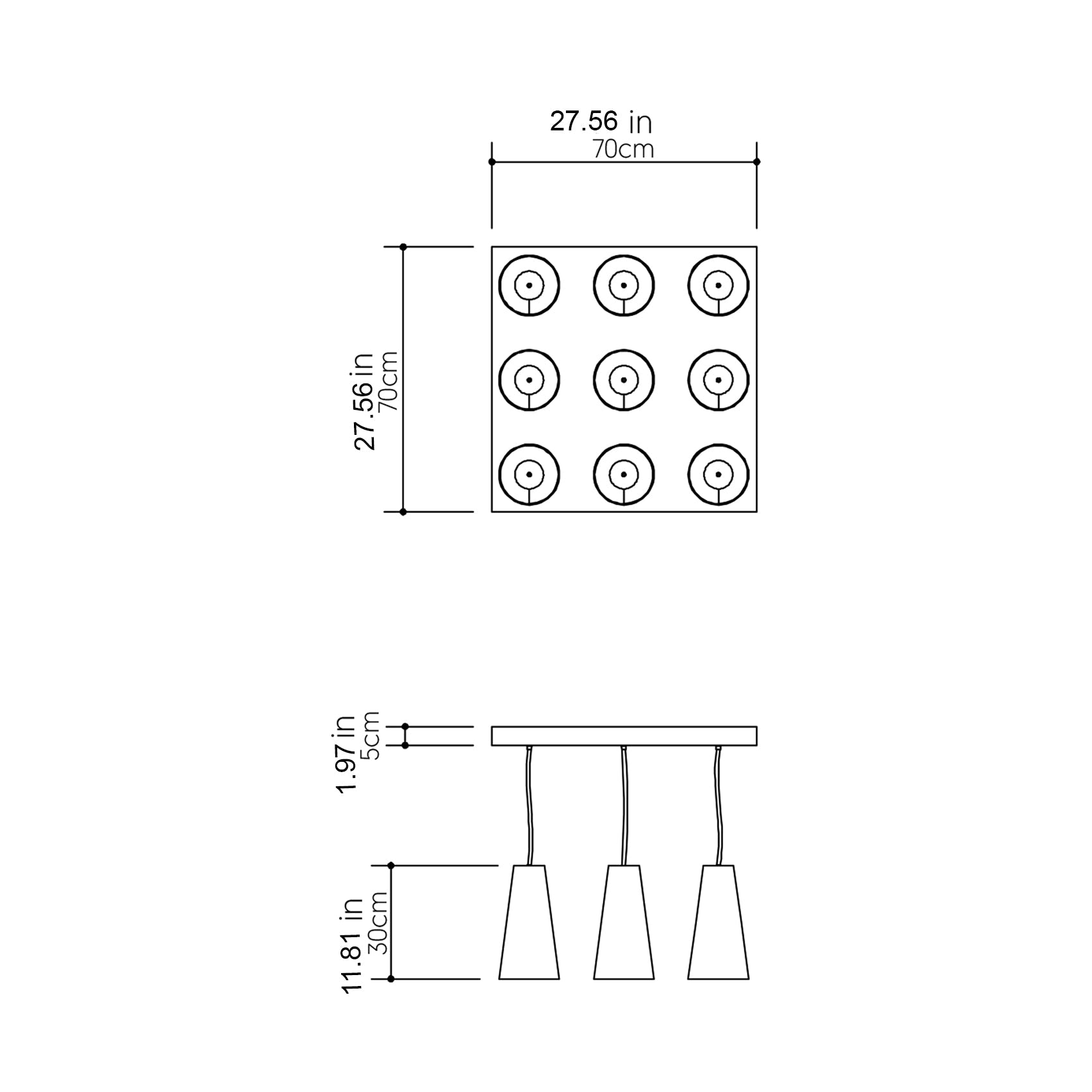 Conical Multi Light Pendant Light - line drawing.
