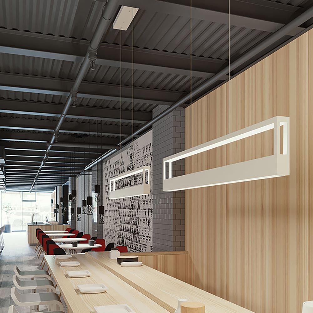 Echo Linear LED Pendant Light in living room.