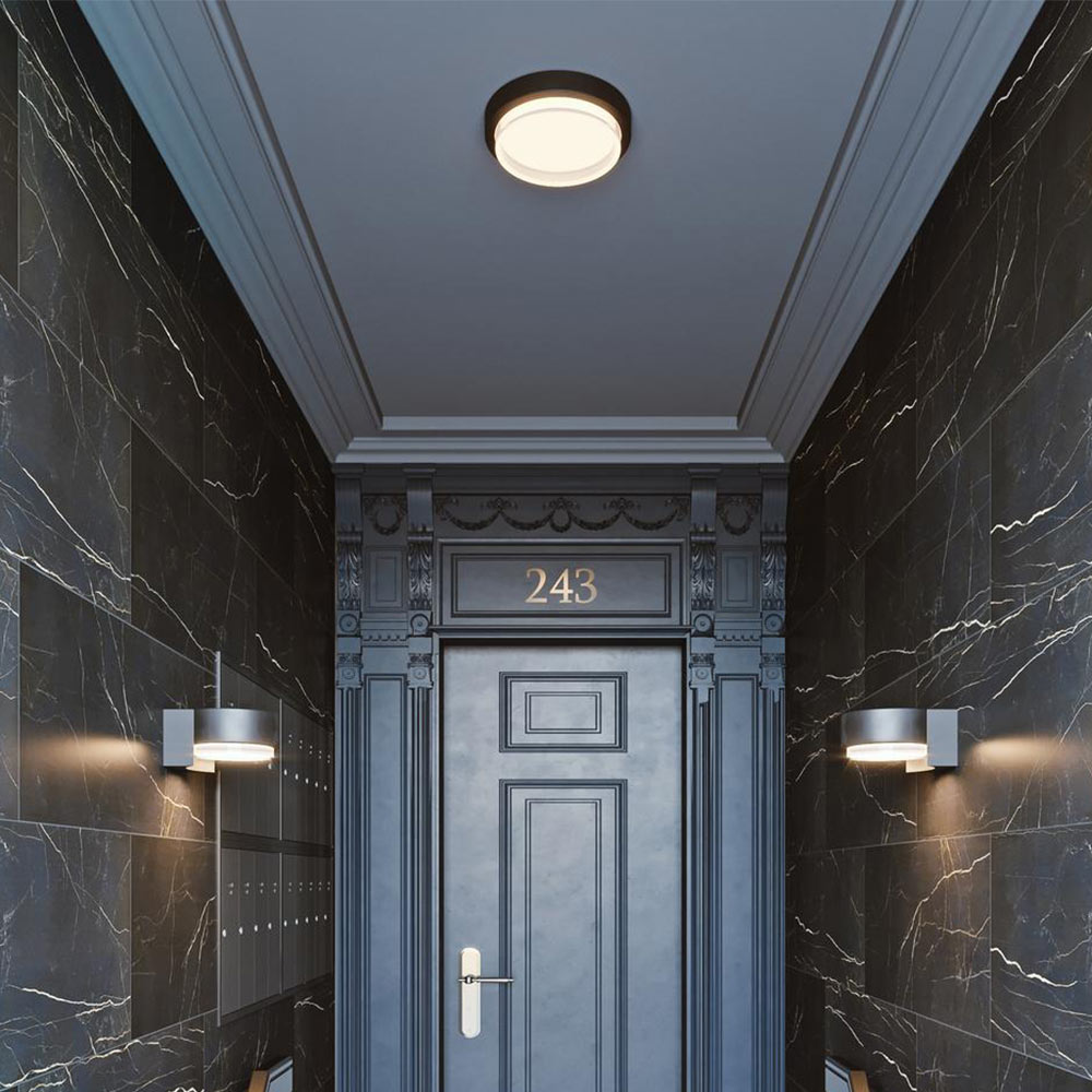 Elm Outdoor LED Flush Mount Ceiling Light in hallway.