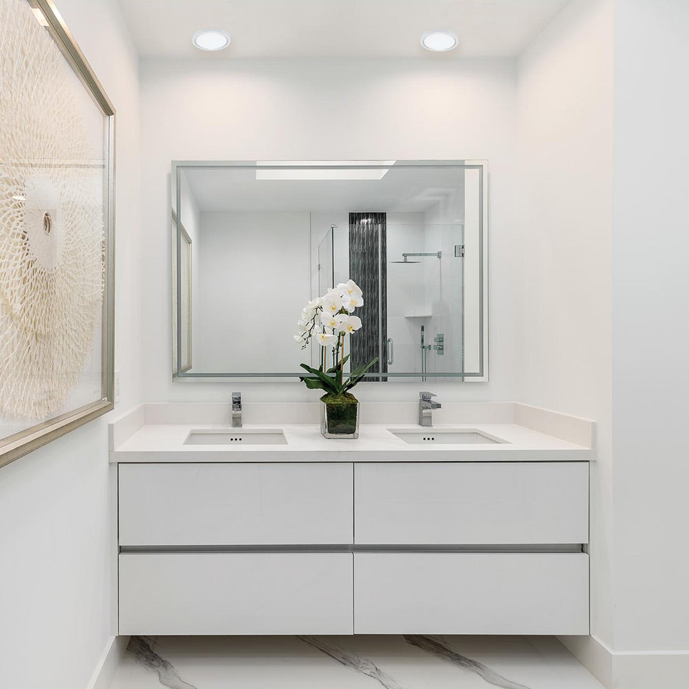 Eon LED Flush Mount Ceiling Light in bathroom.