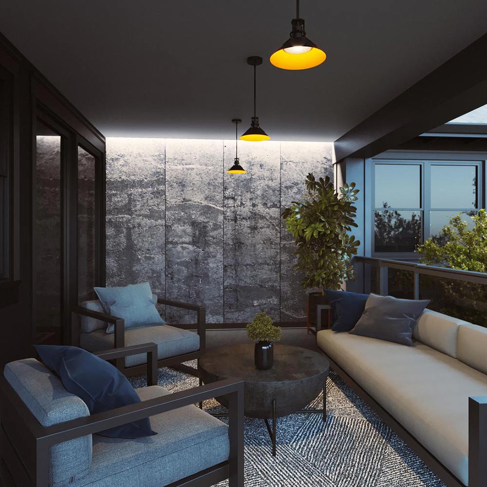 Gus Outdoor LED Pendant Light in living room.