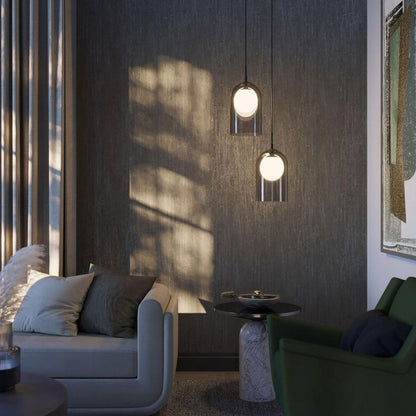 Kiran LED Single Pendant Light in living room.