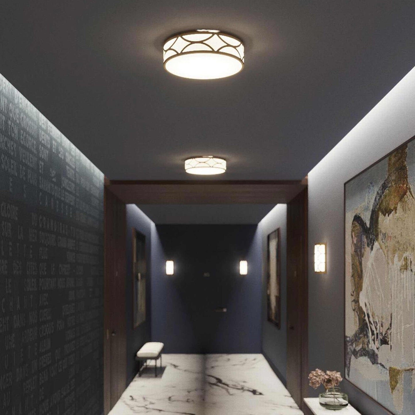 Lake Flush Mount Ceiling Light in hallway.