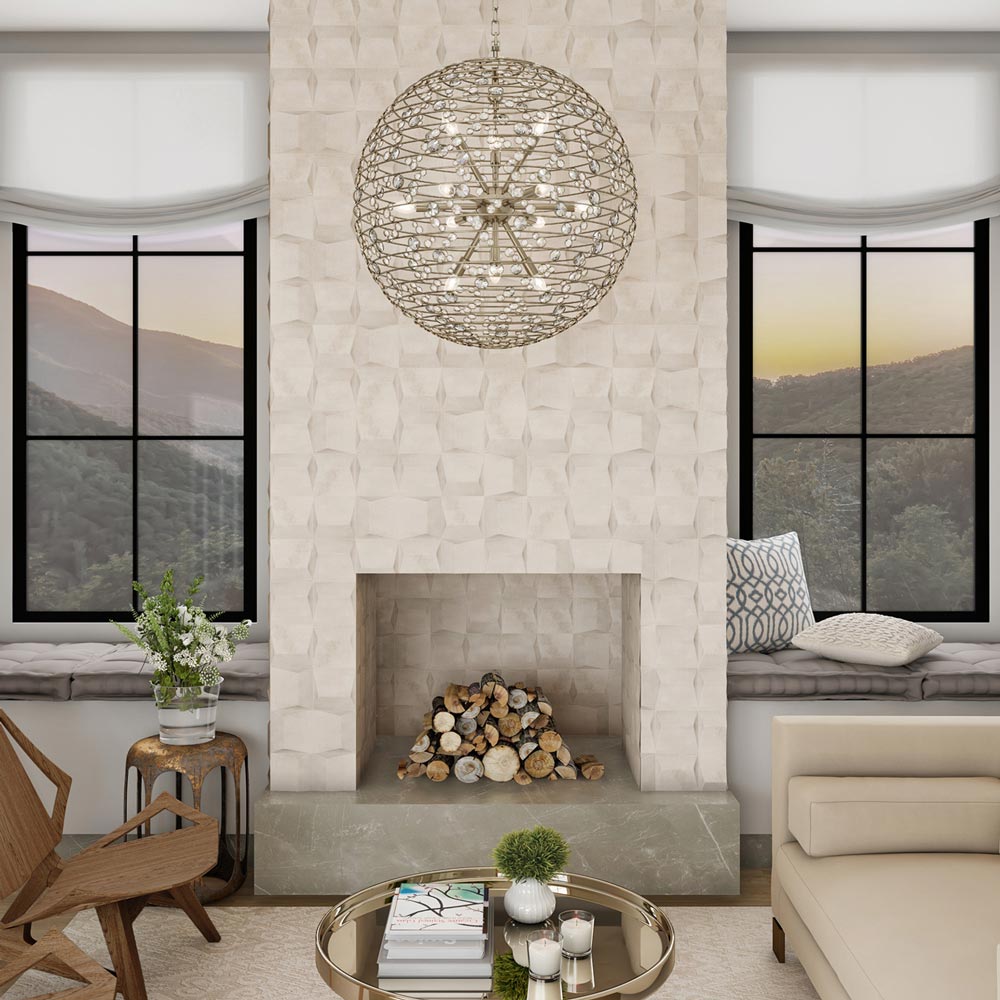Gemini Orb Chandelier in living room.
