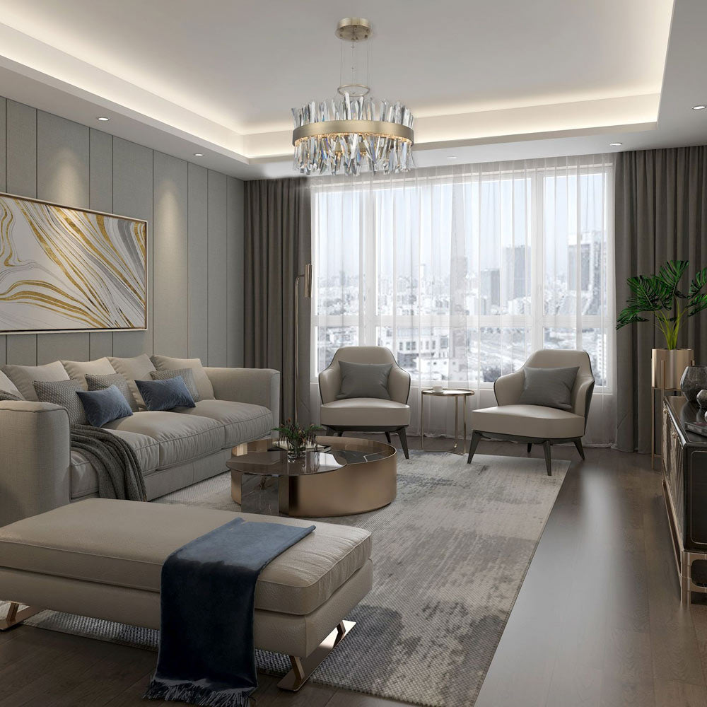 Glacier LED Round Pendant Light in living room.