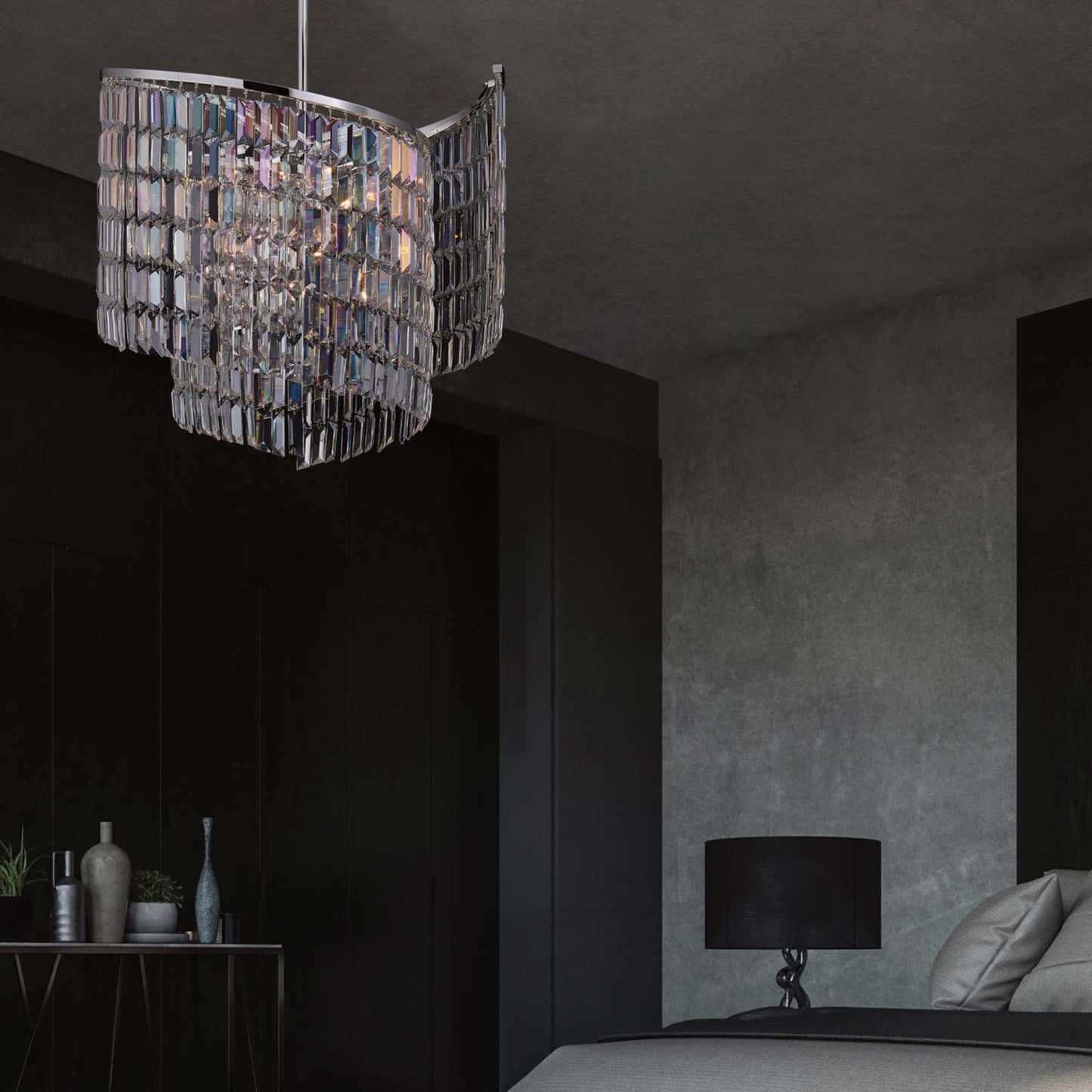 Vortice Chandelier in bedroom.