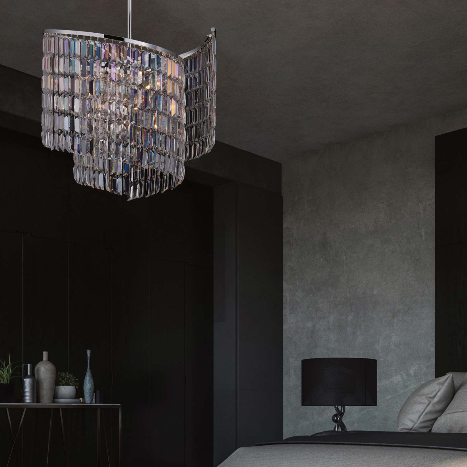 Vortice Chandelier in bedroom.