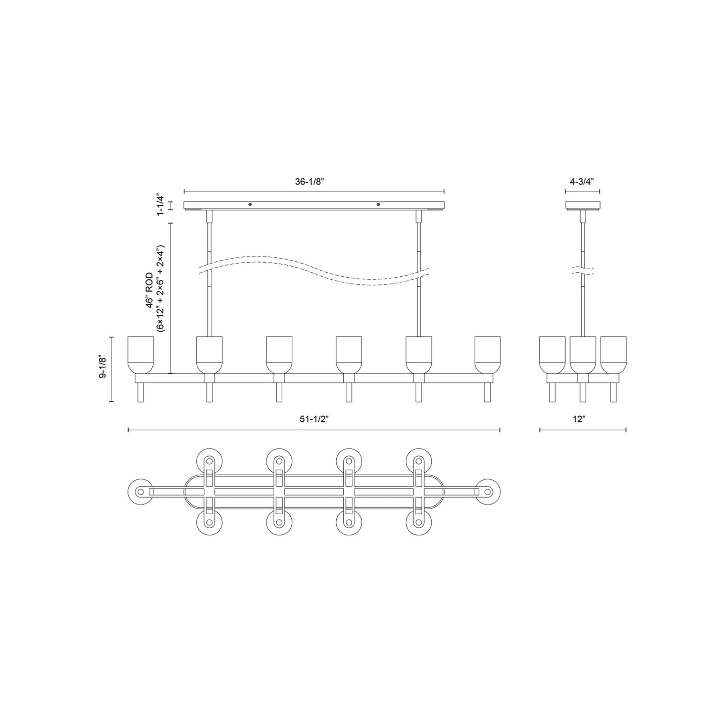 Lucian Linear Pendant Light - line drawing.