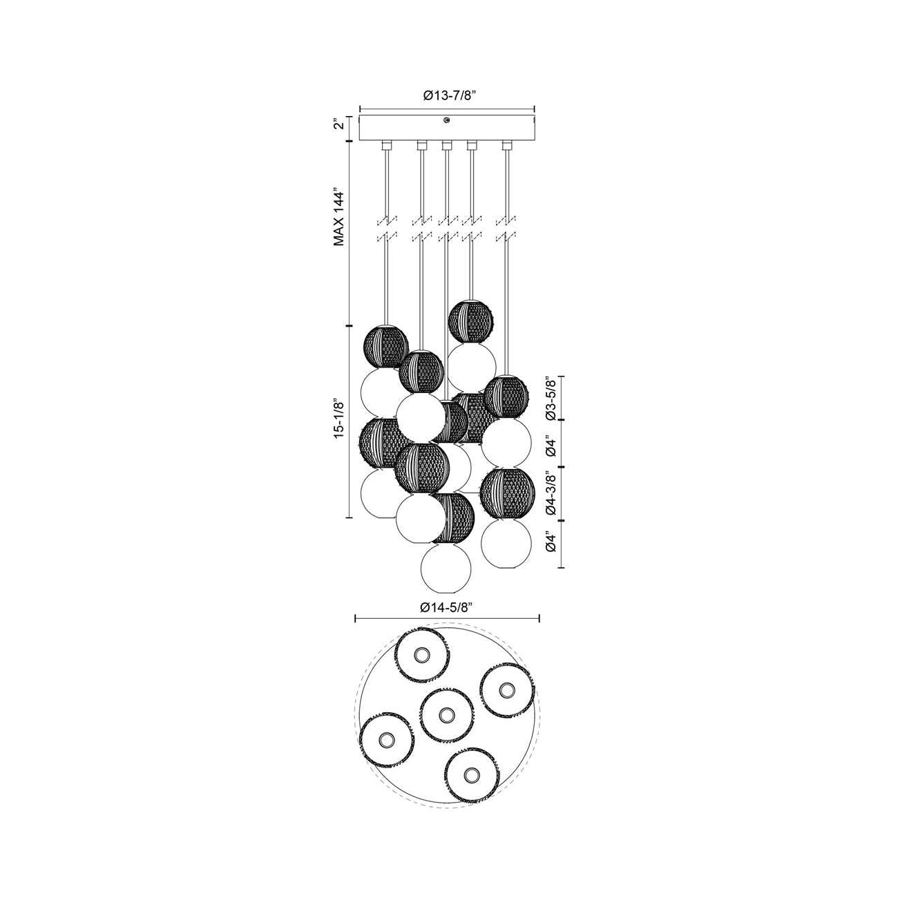 Onyx LED Multi Light Pendant Light - line drawing.