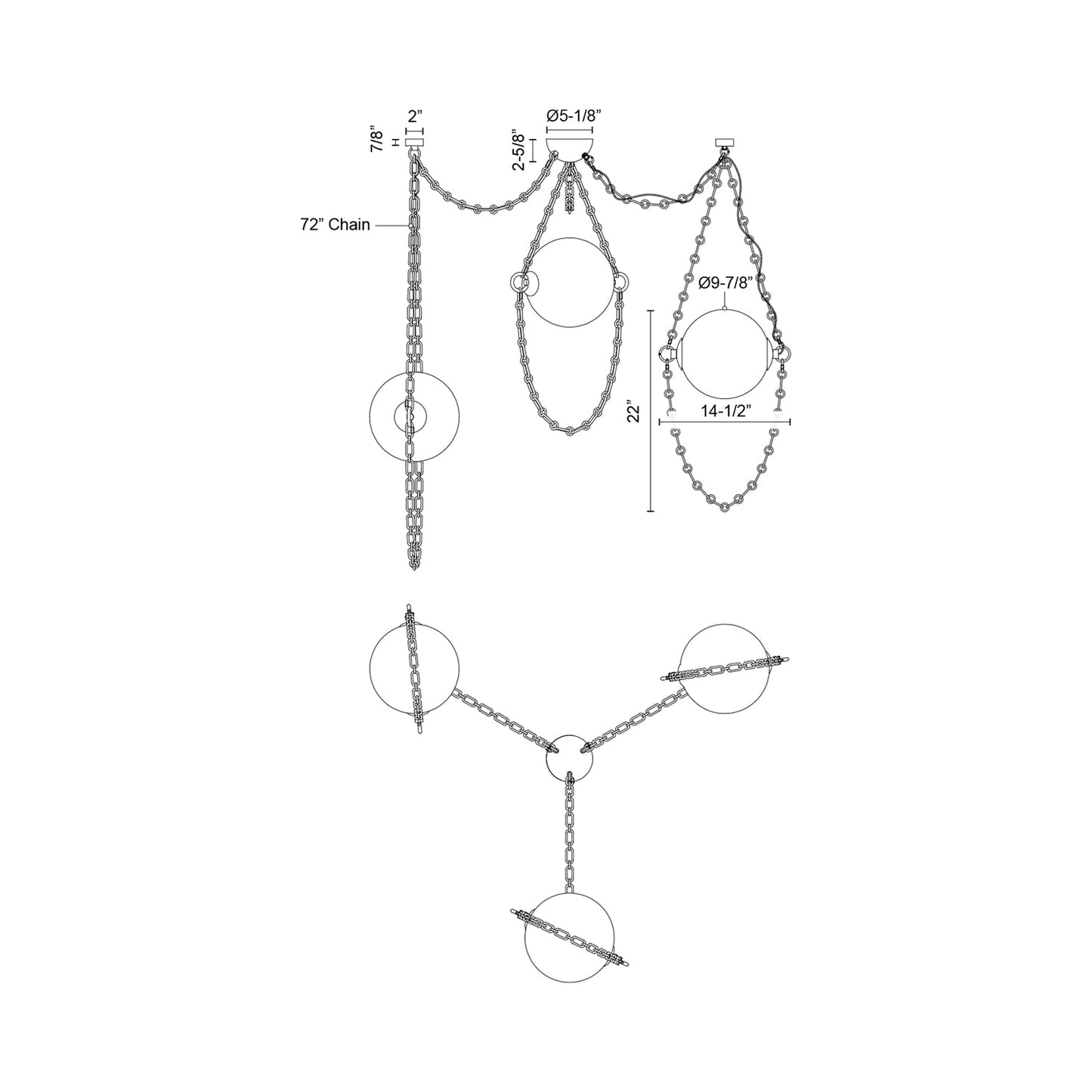 Petra 3-Head LED Chandelier - line drawing.