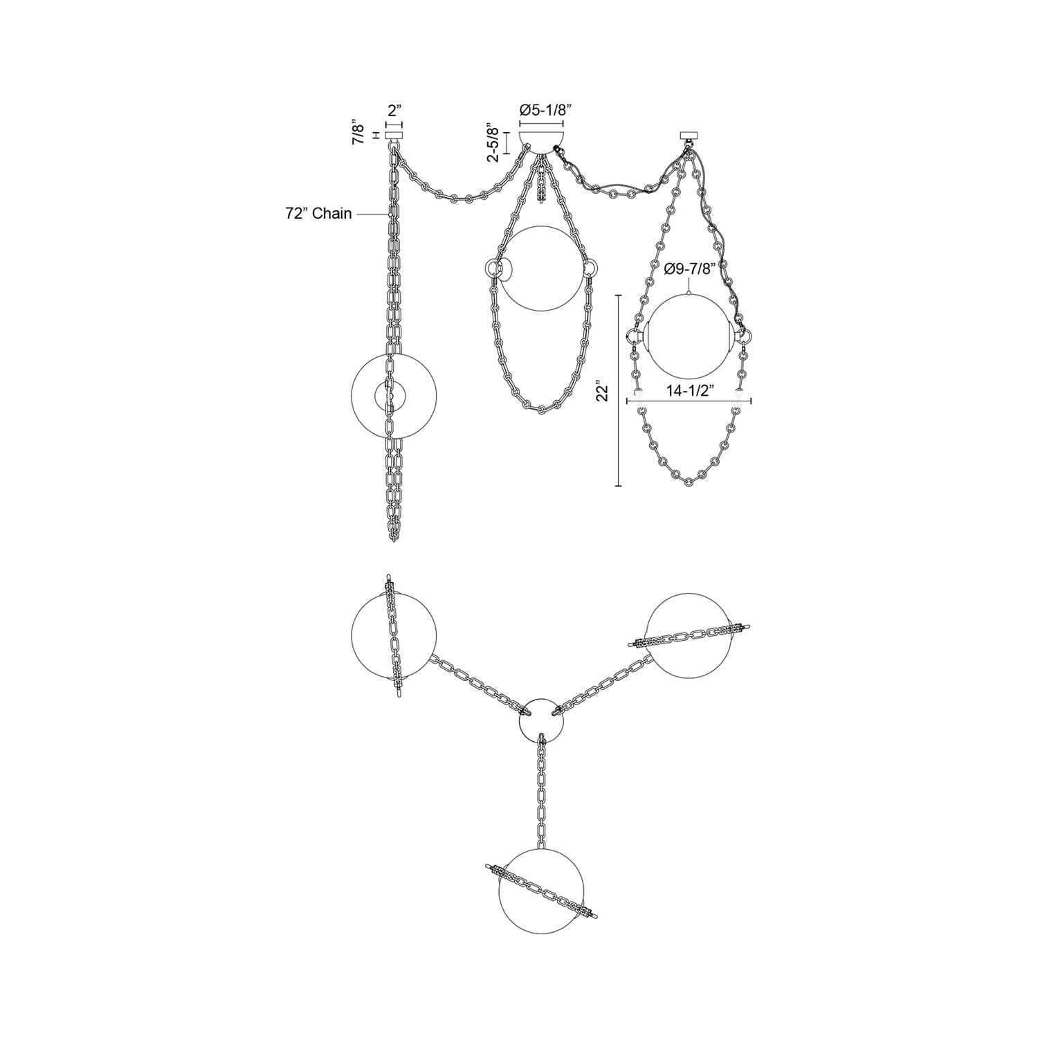 Petra 3-Head LED Chandelier - line drawing.