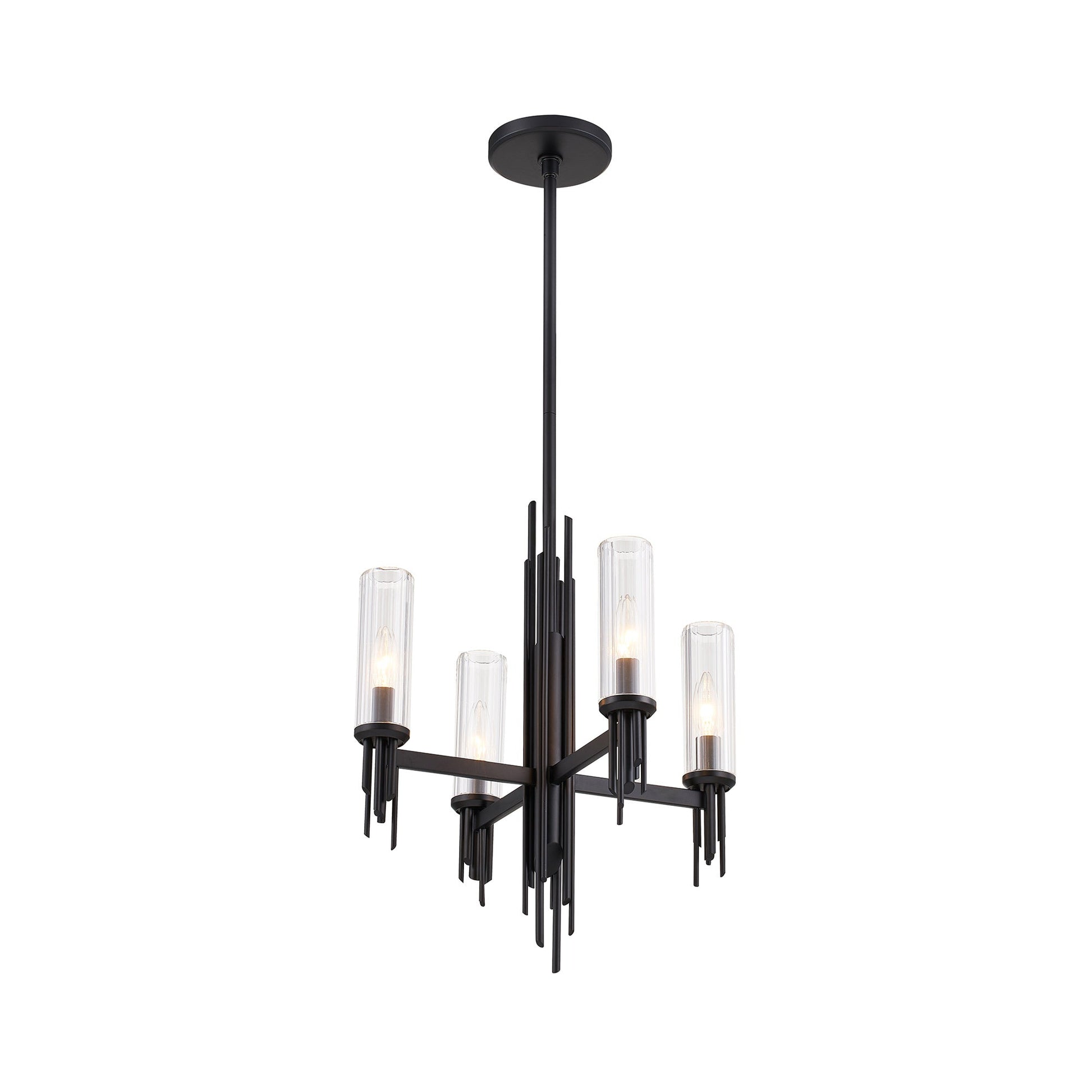 Torres Chandelier in Matte Black/Clear Ribbed Glass (4-Light).