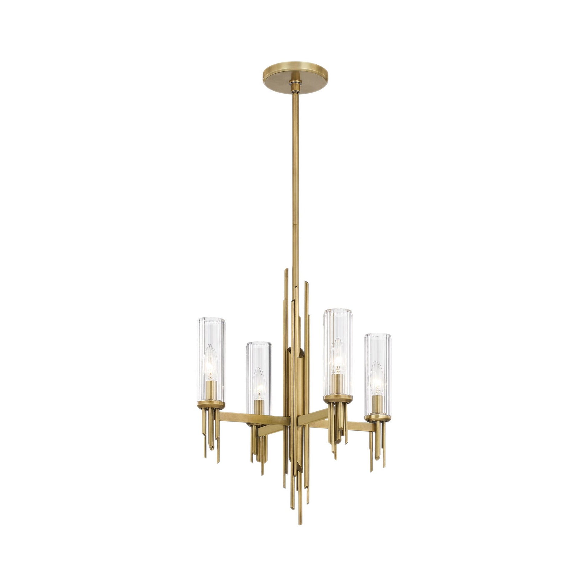 Torres Chandelier in Vintage Brass/Clear Ribbed Glass (4-Light).