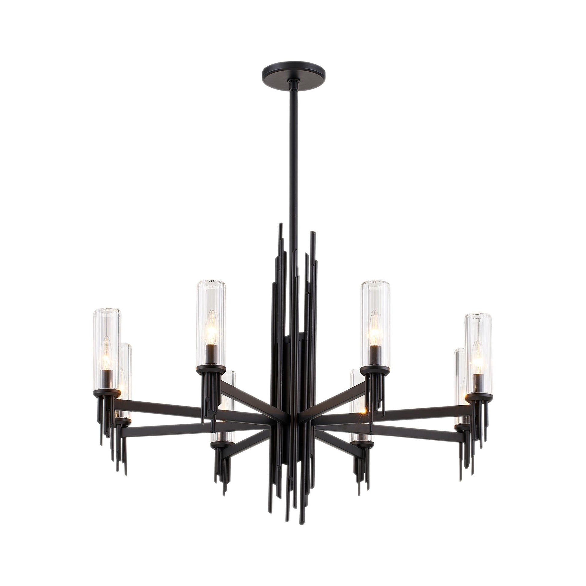 Torres Chandelier in Matte Black/Clear Ribbed Glass (8-Light).