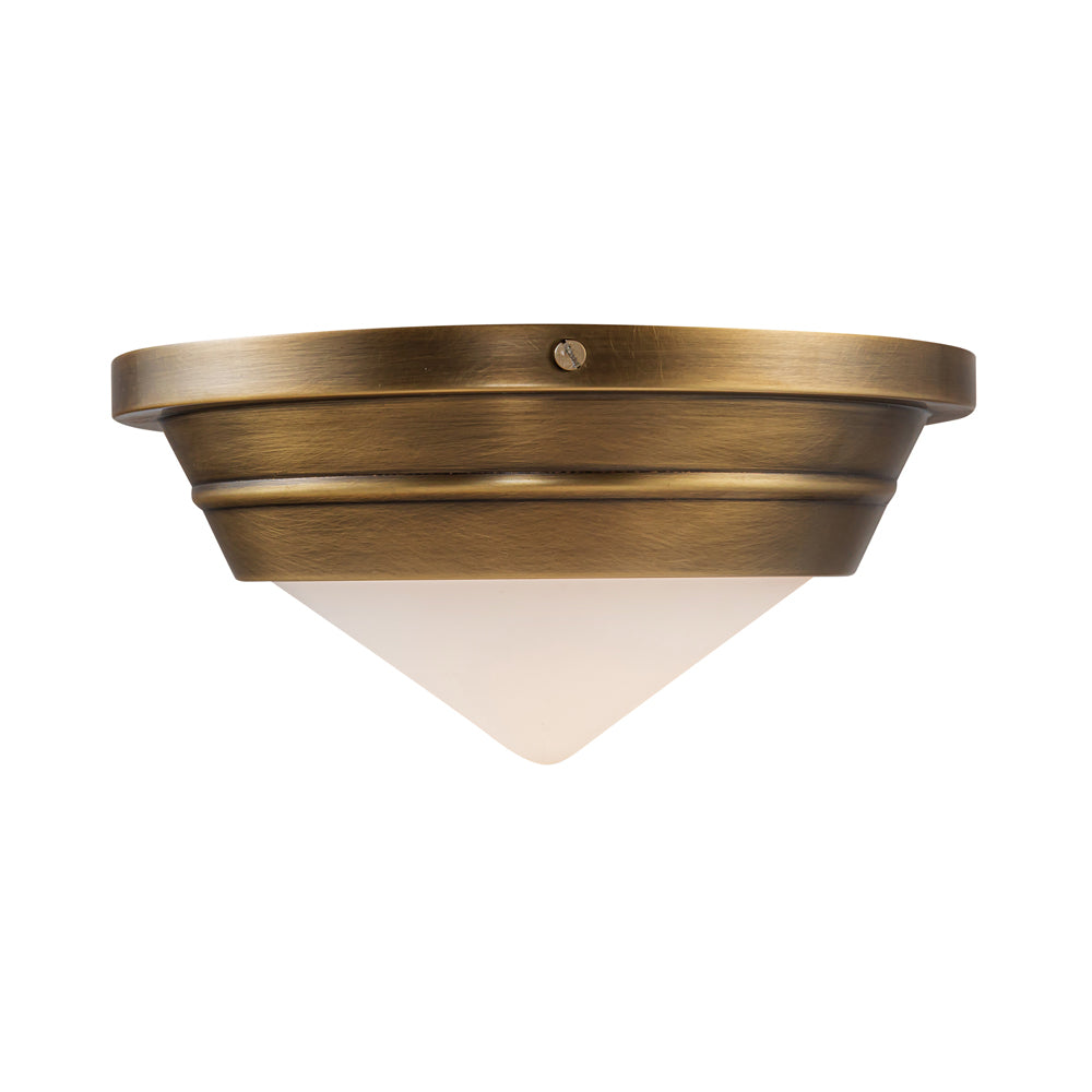 Willard Flush Mount Ceiling Light in Vintage Brass/Matte Opal Glass.