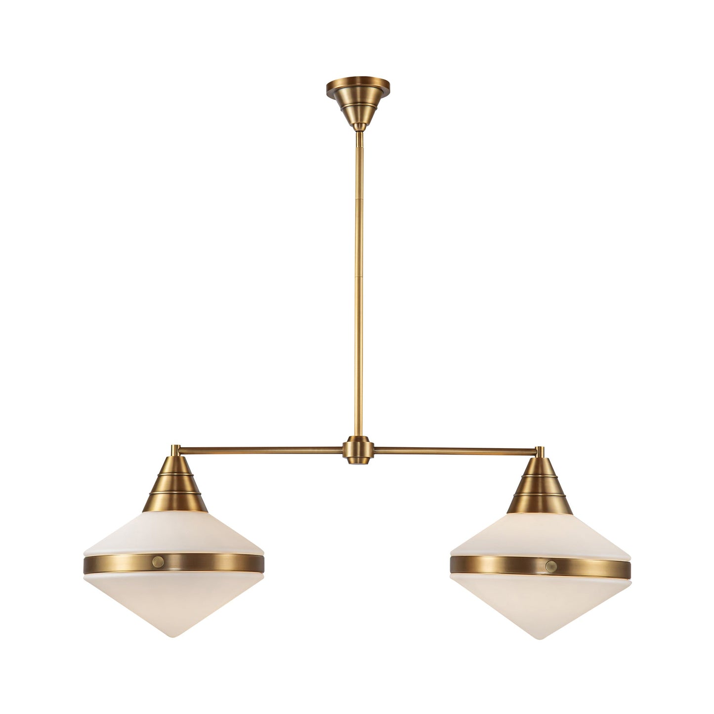 Willard Linear Pendant Light in Vintage Brass/Matte Opal Glass.
