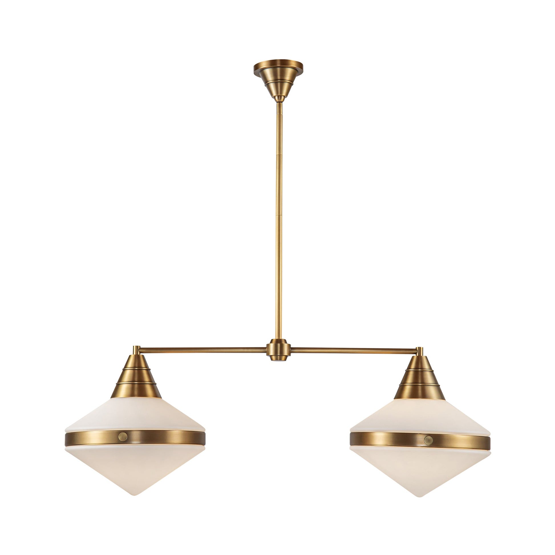 Willard Linear Pendant Light in Vintage Brass/Matte Opal Glass.