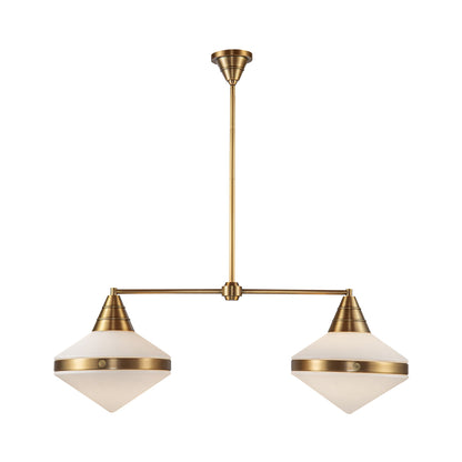 Willard Linear Pendant Light in Vintage Brass/Matte Opal Glass.