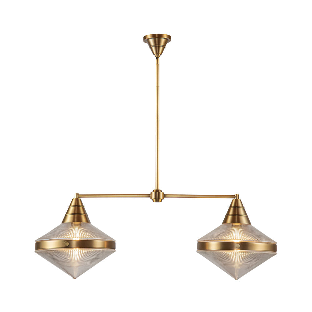 Willard Linear Pendant Light in Vintage Brass/Clear Prismatic Glass.