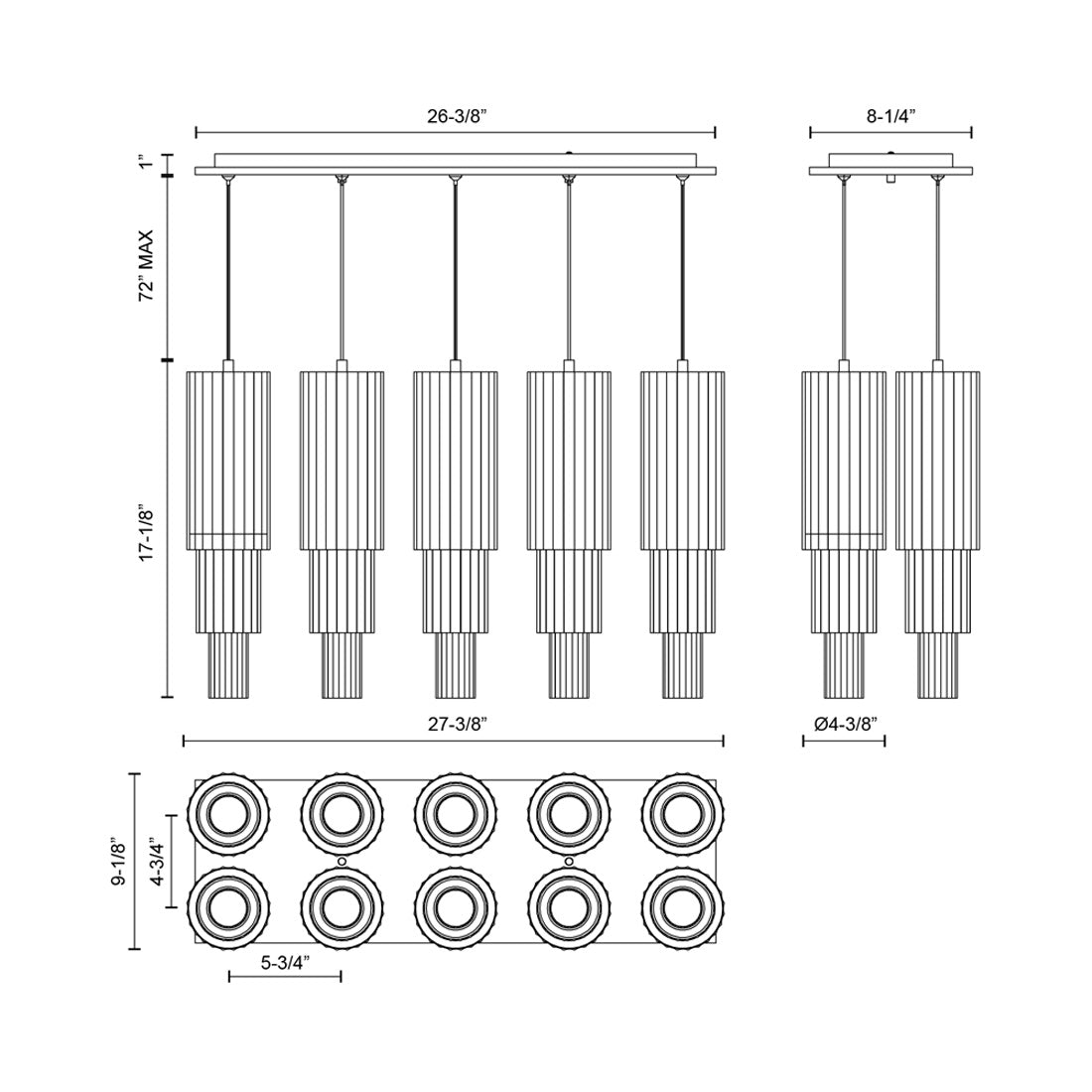 Bordeaux Linear LED Pendant Light - line drawing.