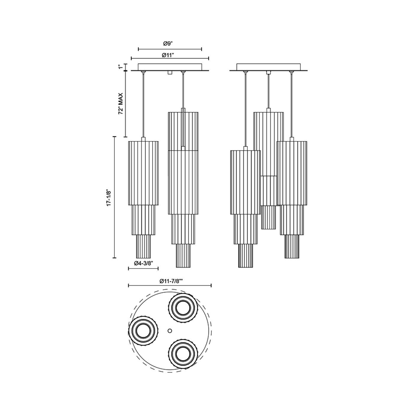 Bordeaux Multi Light LED Pendant Light - line drawing.