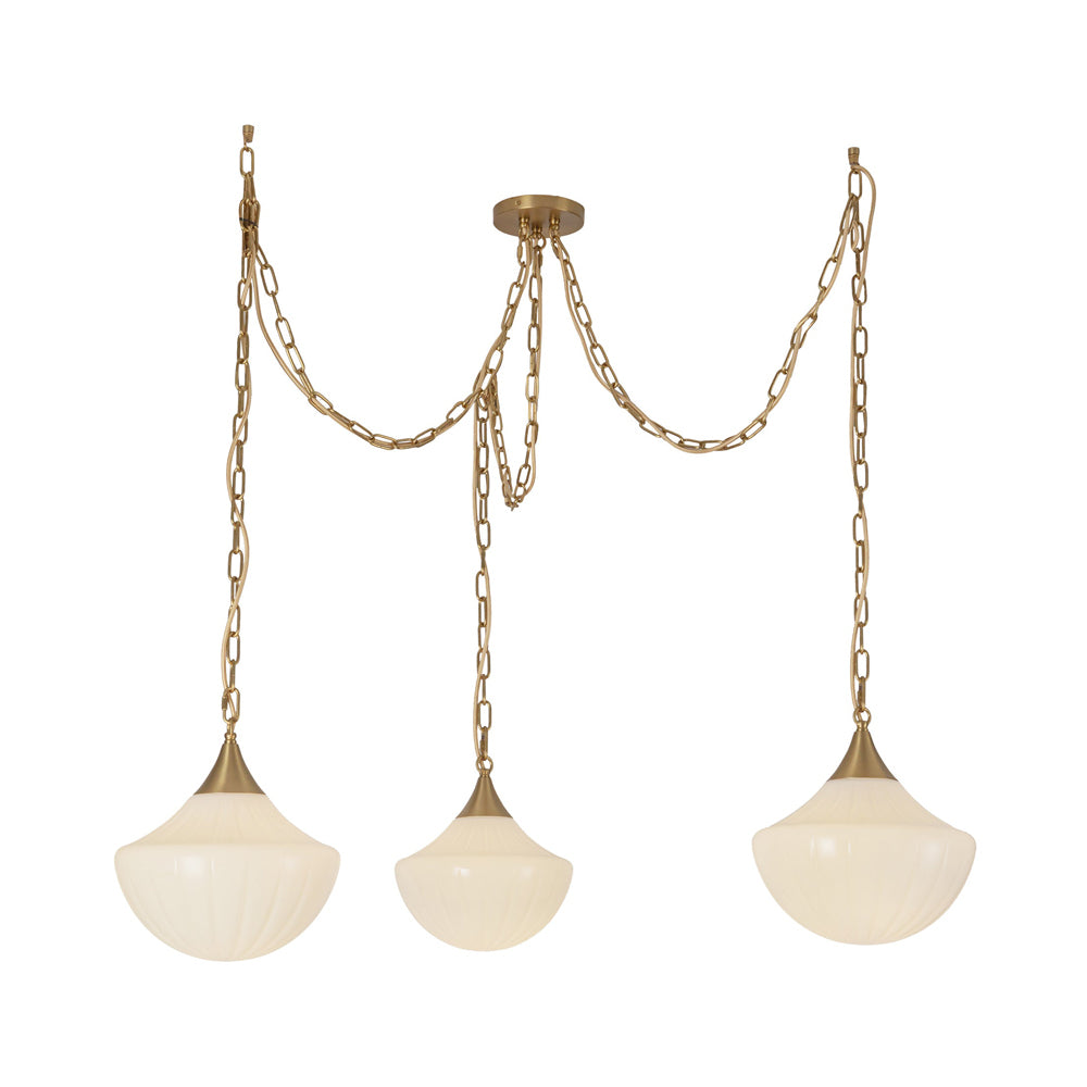 Farrah Multi Light Pendant Light in Brushed Gold/Glossy Ribbed Opal Glass.