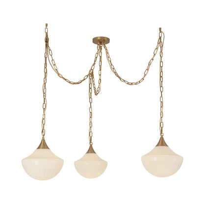 Farrah Multi Light Pendant Light in Brushed Gold/Glossy Ribbed Opal Glass.