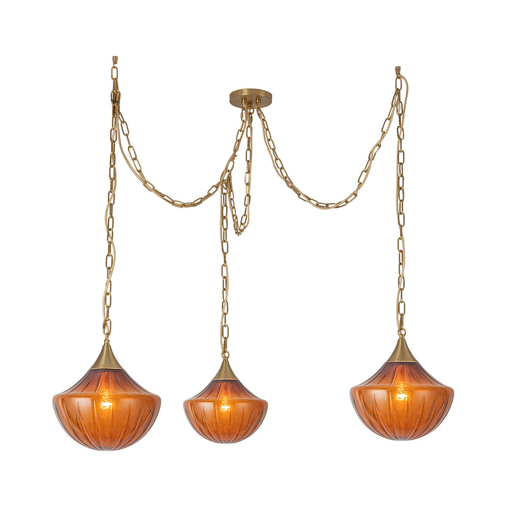 Farrah Multi Light Pendant Light in Brushed Gold/Amber Glass.