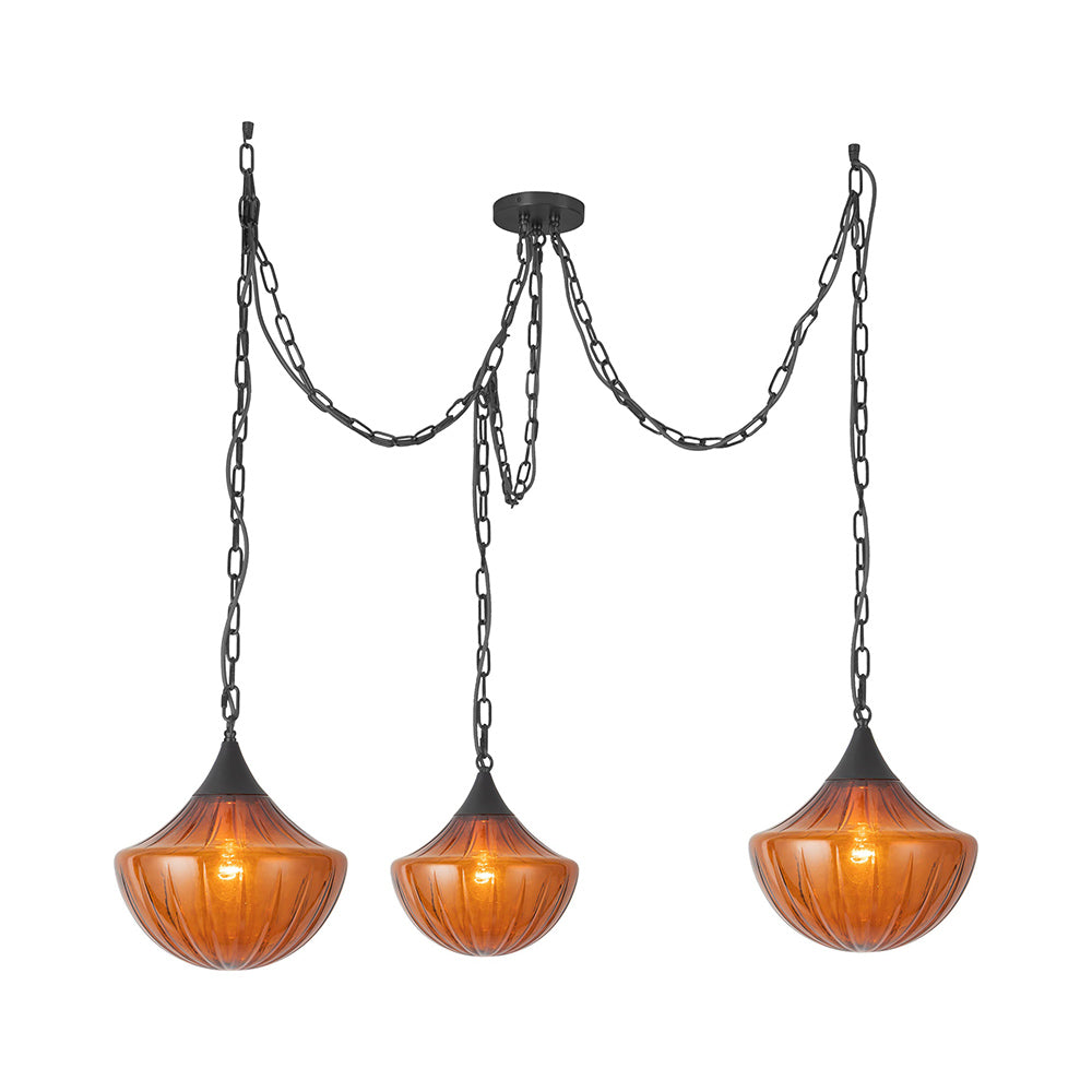 Farrah Multi Light Pendant Light in Matte Black/Amber Glass.