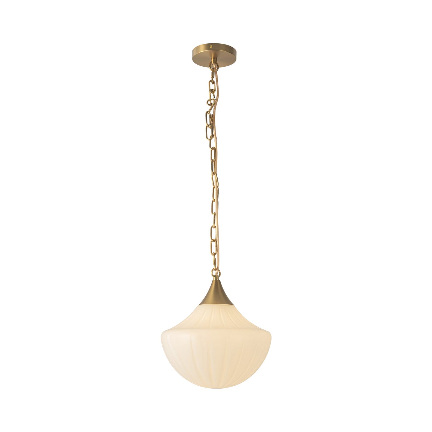 Farrah Pendant Light in Brushed Gold/Glossy Ribbed Opal Glass.